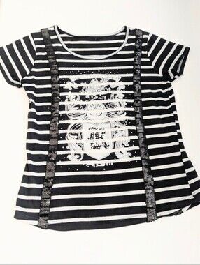Women's Black & White Striped Tee/T-Shirt w/Sequins Rhinestones & Crest Graphic